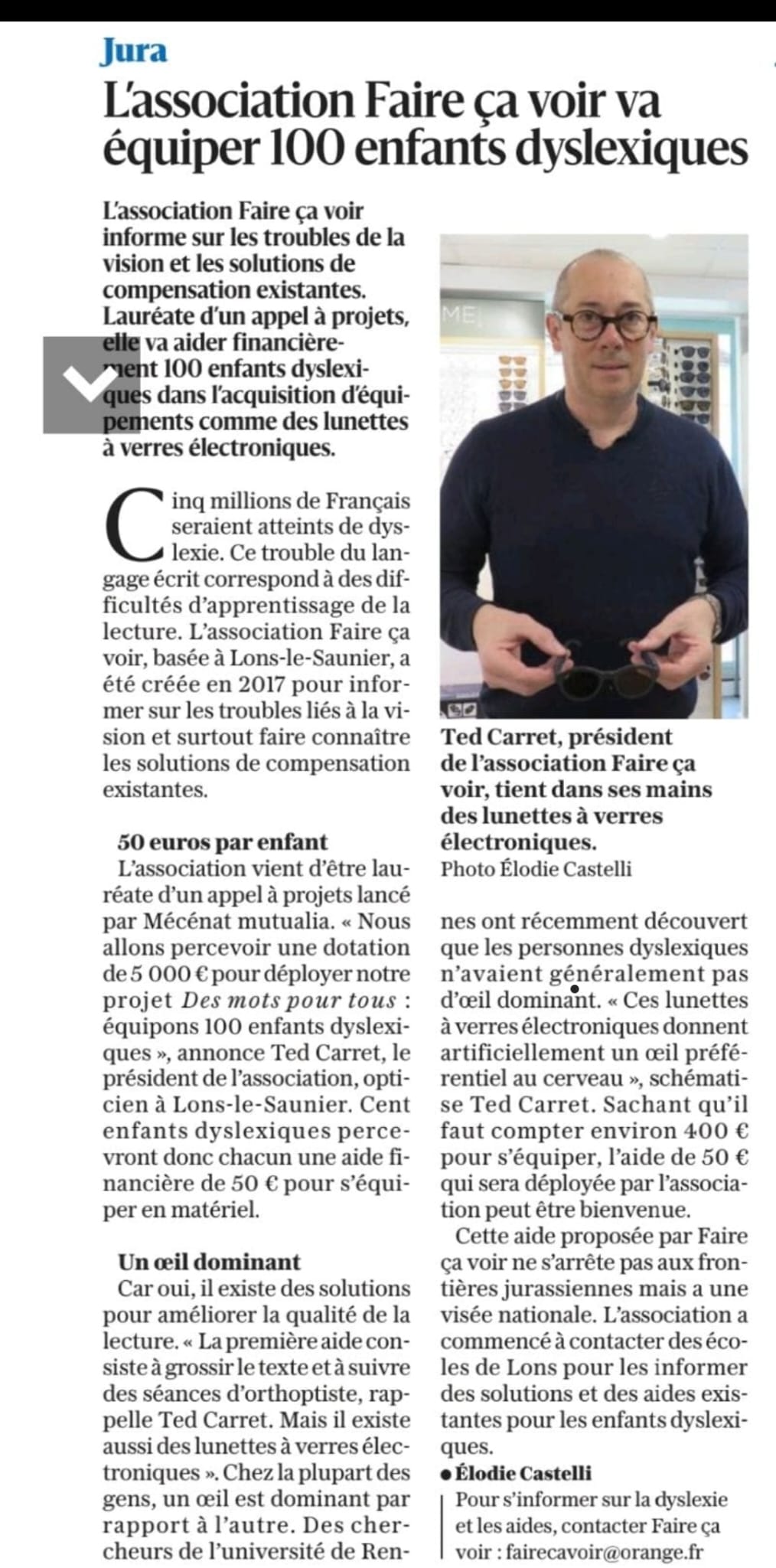 RevuePresse-2024-04-06 L'association Faire ça Voir va équiper 100 enfants dyslexiques